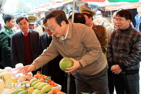 Phó Chủ tịch Quốc hội Phùng Quốc Hiển kiểm tra hàng hóa tại chợ Cửa khẩu Tân Thanh. (Ảnh: Thái Thuần/TTXVN) 