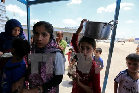 Trẻ em Iraq xếp hàng nhận lương thực cứu trợ tại khu vực Dora, ngoại ô thủ đô Baghdad. (Nguồn: AFP/TTXVN)