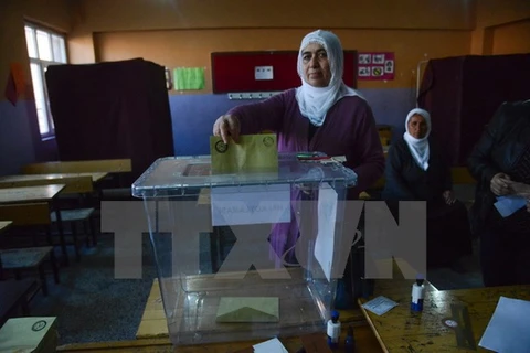 Người dân bỏ phiếu tại điểm bầu cử ở Diyarbakir ngày 16/4. (Nguồn: AFP/TTXVN)