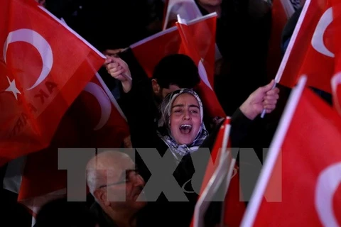 Những người ủng hộ đảng Công lý và Phát triển của Tổng thống Recep Tayyip Erdogan míttinh sau khi kết quả trưng cầu dân ý được công bố. (Nguồn: EPA/TTXVN) 