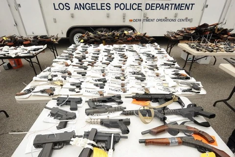 Trưng bày hơn 1.600 khẩu súng các loại được giao nộp tự nguyện trong năm giờ tại trụ sở cảnh sát ở Los Angeles trong chương trình đổi súng đạn lấy phiếu mua hàng. (Nguồn: AFP/TTXVN)