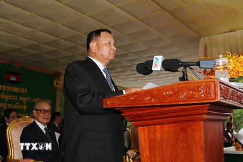 Chủ tịch Thượng viện Campuchia Samdech Say Chhum phát biểu tại Lễ khánh thành Tượng đài. (Ảnh Trí Dũng/TTXVN)