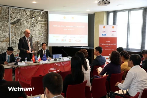 Tổng thư ký Phòng Thương mại vùng Emilia-Romagna, ông Claudio Pasini phát biểu trong buổi làm việc với đoàn doanh nghiệp Việt Nam. (Ảnh: Ngự Bình/Vietnam+)