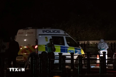 Cảnh sát điều tra tại hiện trường vụ tấn công bên ngoài Điện Buckingham ở thủ đô London, Anh ngày 26/8. (Nguồn: AFP/TTXVN)