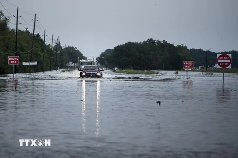 Cảnh ngập lụt sau mưa lớn do ảnh hưởng của siêu bão Harvey tại tuyến đường dẫn tới nhà máy hóa chất Arkema ở Crosby, Texas, Mỹ ngày 30/8. AFP/TTXVN