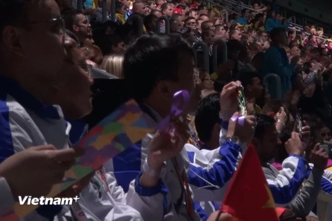Các đại biểu thanh niên Việt Nam tham dự Lễ khai mạc Fesstival Thanh niên và Sinh viên thế giới lần thứ 19 tại Sochi. (Ảnh: Tâm Hằng/Vietnam+)