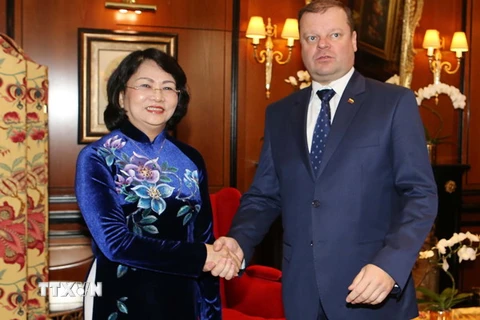 Phó Chủ tịch nước Đặng Thị Ngọc Thịnh làm việc với Thủ tướng Litva Saulius Skvernelis. (Ảnh: Doãn Tấn/TTXVN)