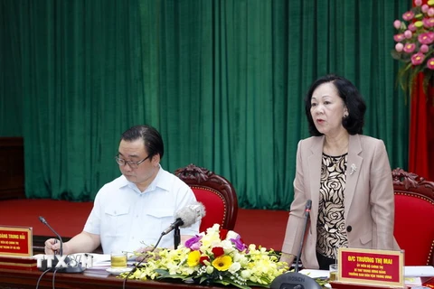 Trưởng Ban Dân vận Trung ương Trương Thị Mai phát biểu tại buổi làm việc. (Ảnh: Lâm Khánh/TTXVN)