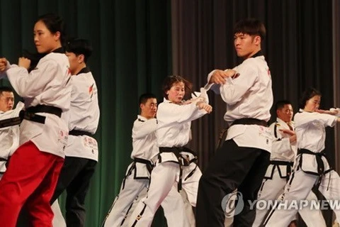 Các vận động viên hai miền Triều Tiên biểu diễn taekwondo tại Bình Nhưỡng, ngày 2/4. (Nguồn: Yonhap)