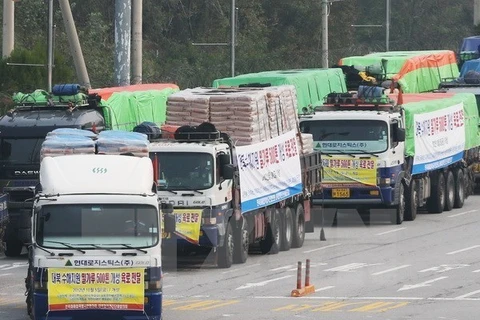 Các xe tải chở hàng cứu trợ tại thành phố biên giới Paju của Hàn Quốc trước khi tới Triều Tiên. (Nguồn: Yonhap/TTXVN)