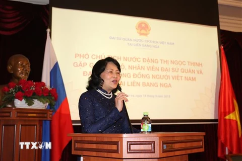 Phó Chủ tịch nước Đặng Thị Ngọc Thịnh phát biểu tại cuộc gặp. (Ảnh: Dương Trí/TTXVN)