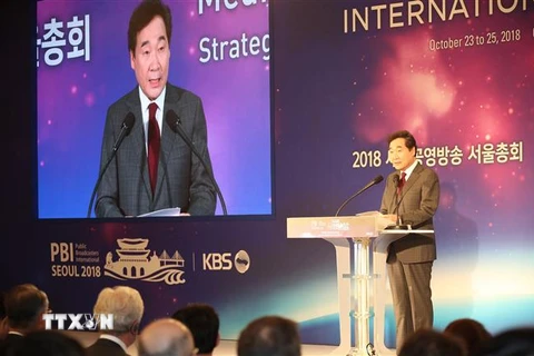 Thủ tướng Hàn Quốc Lee Nak-yon phát biểu tại Hội nghị phát thanh, truyền hình Nhà nước quốc tế, thủ đô Seoul ngày 24/10. (Ảnh: Yonhap/TTXVN)