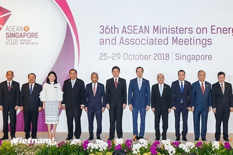 Các Bộ trưởng, Thứ trưởng phụ trách năng lượng 10 nước ASEAN cùng Tổng Thư ký ASEAN Dato Lim Jock Hoi (thứ hai bên phải). (Ảnh: Mỹ Bình/Vietnam+)