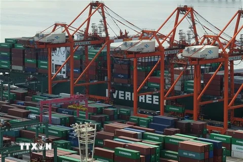 Hàng hóa được xếp tại cảng ở Tokyo, Nhật Bản, ngày 19/2/2018. (Ảnh: AFP/TTXVN)