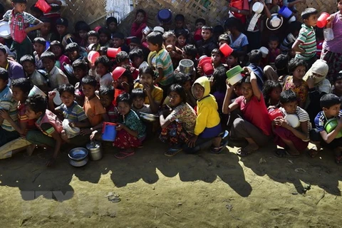 Người tị nạn Rohingya chờ đợi lương thực cứu trợ tại trại tị nạn Thankhali. (Ảnh: AFP/TTXVN)