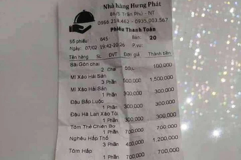 Hóa đơn "chặt chém" của nhà hàng Hưng Phát bị du khách đưa lên mạng xã hội ngày 7/2. 