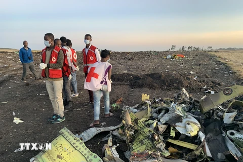 Lực lượng cứu hộ làm nhiệm vụ tại hiện trường vụ rơi máy bay của hãng hàng không Ethiopian Airlines ở cách thủ đô Addis Ababa của Ethiopia 50km về phía đông, ngày 10/3/2019. (Ảnh: THX/TTXVN)