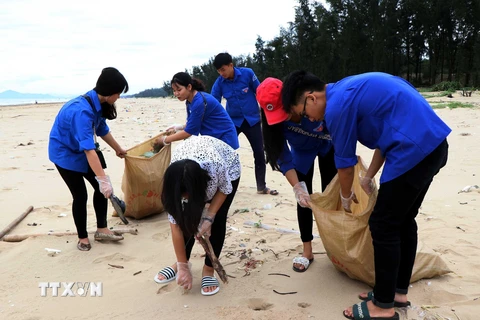 Lực lượng đoàn viên, thanh niên thu gom rác trên bãi biển. (Ảnh: Công Tường/TTXVN)