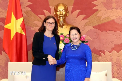 Chủ tịch Quốc hội Nguyễn Thị Kim Ngân tiếp bà Cecilia Malmström, Cao ủy phụ trách Thương mại của Liên minh châu Âu (EU). (Ảnh: Trọng Đức/TTXVN)