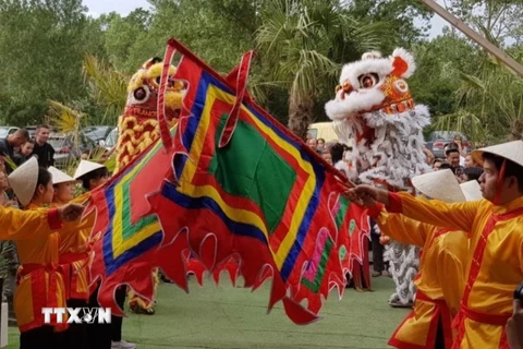 Điệu múa lân khai mạc Festival văn hóa Việt Nam tại Lyon. (Ảnh: Linh Hương/TTXVN)