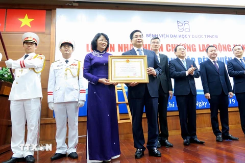 Phó Chủ tịch nước Đặng Thị Ngọc Thịnh trao tặng Huân chương Lao động hạng Nhất cho lãnh đạo bệnh viện Đại học Y dược Thành phố Hồ Chí Minh. (Ảnh: Đinh Hằng/TTXVN)