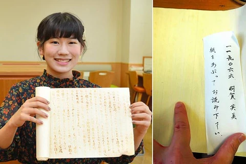Nữ sinh Nhật Bản Eimi Haga và bài luận độc đáo bằng mực tàng hình. (Nguồn: BBC)