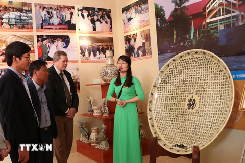 Các đại biểu tham quan trưng bày hiện vật gốm Chu Đậu. (Ảnh: Mạnh Minh/TTXVN)
