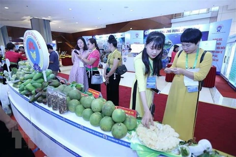 Các đại biểu tham quan các gian hàng trưng bày sản phẩm của các hợp tác xã tại một hội chợ. (Ảnh: Danh Lam/TTXVN)
