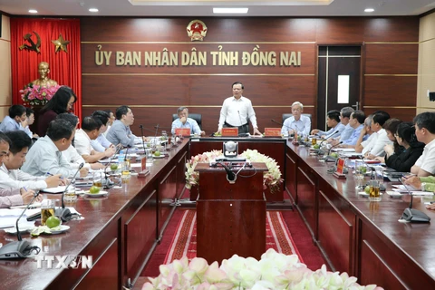Bộ trưởng Bộ Tài chính Đinh Tiến Dũng, Phó Ban Chỉ đạo 389 quốc gia chủ trì buổi làm việc với lãnh đạo tỉnh Đồng Nai. (Ảnh: Sỹ Tuyên/TTXVN)