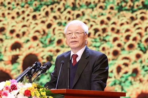 Tổng Bí thư, Chủ tịch nước Nguyễn Phú Trọng đọc Diễn văn kỷ niệm 90 năm Ngày thành lập Đảng Cộng sản Việt Nam. (Ảnh: Phương Hoa/TTXVN) 