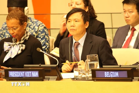 Đại sứ Đặng Đình Quý, Trưởng Phái đoàn Việt Nam tại Liên hợp quốc chủ trì phiên họp tổng kết. (Ảnh: Hữu Thanh/TTXVN)