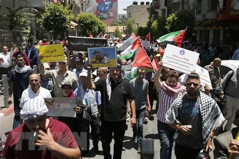 Người dân Palestine biểu tình phản đối hoạch hòa bình Trung Đông của Mỹ tại thành phố Ramallah, Bờ Tây ngày 25/6/2019. (Nguồn: AFP/TTXVN)