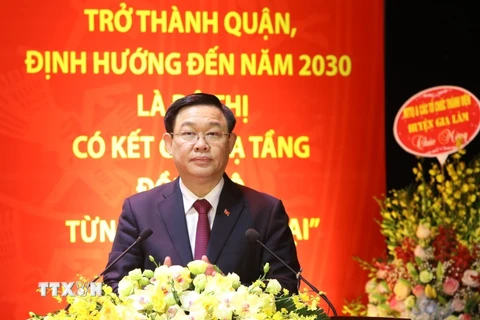 Bí thư Thành ủy Hà Nội Vương Đình Huệ phát biểu chỉ đạo Đại hội. (Ảnh: Văn Điệp/TTXVN)