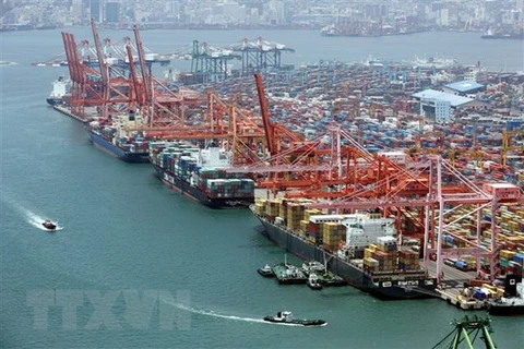 Container hàng hóa được xếp tại cảng ở Busan, Hàn Quốc. (Nguồn: AFP/TTXVN)