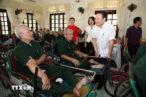 Thứ trưởng Bộ Lao động-Thương binh và Xã hội Lê Văn Thanh thăm hỏi, động viên các thương binh đang điều dưỡng tại Trung tâm Điều dưỡng Thương binh Duy Tiên. (Ảnh: Anh Tuấn/TTXVN)