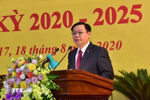 Bí thư Thành ủy Hà Nội Vương Đình Huệ phát biểu chỉ đạo Đại hội. (Nguồn: TTXVN)