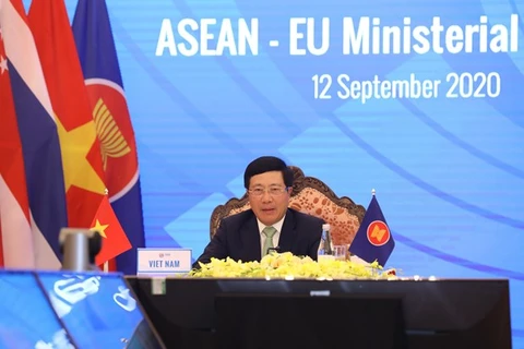 Phó Thủ tướng, Bộ trưởng Ngoại giao Phạm Bình Minh phát biểu tại Hội nghị Bộ trưởng Ngoại giao ASEAN-EU.(Nguồn: TTXVN)