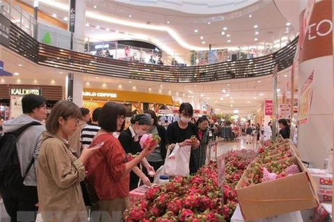 Người tiêu dùng Nhật Bản đang chọn mua quả thanh long của Việt Nam. (Ảnh: Đào Tùng/TTXVN) 