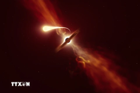 Hình ảnh do Tổ chức Nghiên cứu thiên văn châu Âu tại Nam Bán cầu công bố ngày 12/10/2020, cho thấy một ngôi sao bị "xé vụn" và hút vào bên trong hố đen. (Nguồn: AFP/TTXVN)