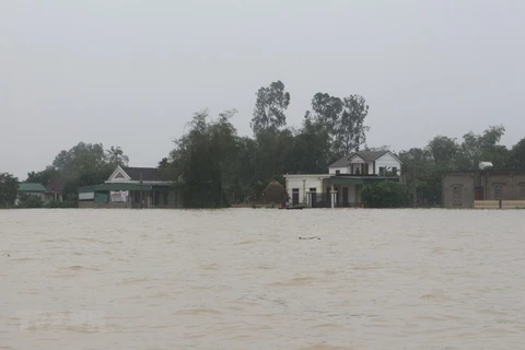 Nước lũ dâng cao, hàng ngàn hộ dân vũng trũng xã Hưng Yên Bắc, huyện Hưng Nguyên bị cô lập hoàn toàn. (Ảnh: Bích Huệ/TTXVN)