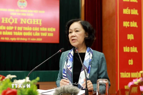 Bà Trương Thị Mai, Ủy viên Bộ Chính trị, Bí Thư Trung ương Đảng, Trưởng Ban Dân vận Trung ương phát biểu chỉ đạo Hội nghị. (Ảnh: Vũ Sinh/TTXVN) 