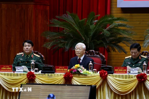 Tổng Bí thư, Chủ tịch nước Nguyễn Phú Trọng, Bí thư Quân ủy Trung ương chủ trì hội nghị. (Ảnh: Dương Giang/TTXVN)