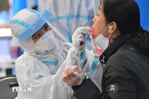 Nhân viên y tế lấy mẫu xét nghiệm COVID-19 tại một điểm xét nghiệm ở Seoul, Hàn Quốc ngày 27/11/2020. (Ảnh: AFP/TTXVN) 