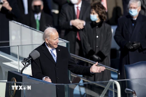 Tân Tổng thống Mỹ Joe Biden phát biểu sau khi tuyên thệ nhậm chức tại Đồi Capitol, Washington DC., ngày 20/1/2021. (Ảnh: THX/TTXVN)
