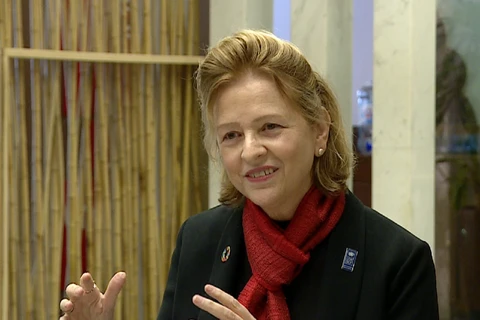 Bà Caitlin Wiesen, Trưởng đại diện thường trú Chương trình Phát triển Liên hợp quốc (UNDP) trả lời phỏng vấn của TTXVN (Ảnh: TTXVN)