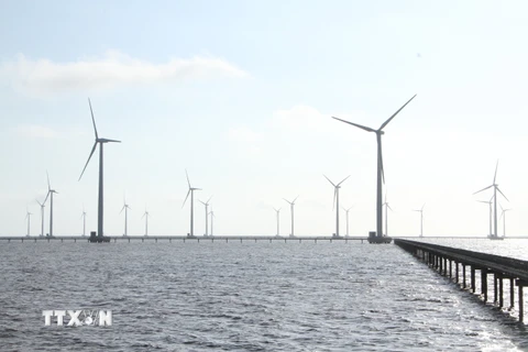 Bạc Liêu hiện có nhiều dự án điện gió ngoài khơi đang được thi công. (Ảnh: Chanh Đa/TTXVN)