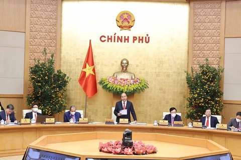 Thủ tướng Nguyễn Xuân Phúc phát biểu tại phiên họp Chính phủ thường kỳ tháng 2 ngày 2/3//2021. (Ảnh: Thống Nhất/TTXVN)