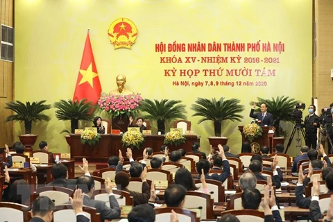 Kỳ họp thứ 18 Hội đồng Nhân dân thành phố Hà Nội khóa XV. (Nguồn: TTXVN)