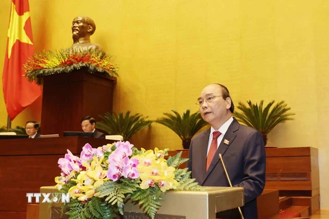 Chủ tịch nước Nguyễn Xuân Phúc phát biểu nhậm chức. (Ảnh: Trí Dũng/TTXVN)
