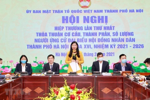 Chủ tịch Ủy ban Mặt trận Tổ quốc Việt Nam thành phố Hà Nội Nguyễn Lan Hương phát biểu tại Hội nghị Hiệp thương lần thứ nhất nhằm thỏa thuận về cơ cấu, thành phần, số lượng người ứng cử đại biểu Quốc hội khóa XV và Hội đồng Nhân dân thành phố khóa XVI. (Ng